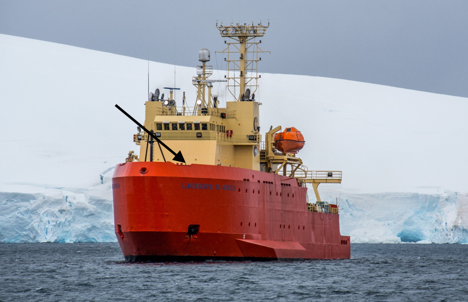The R/V Laurence M. Gould in front of an Antarctic glacier.