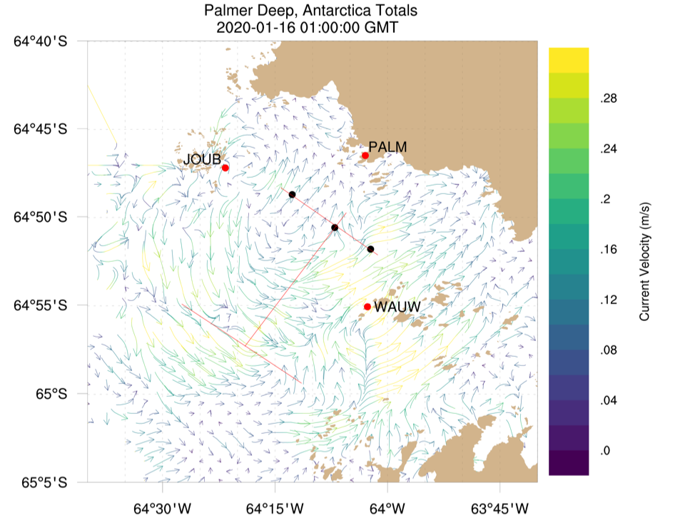 A surface current map from offshore Palmer Station collected by Codar HF-Radars.