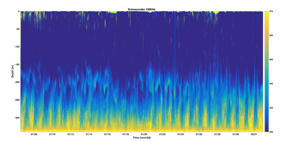 Echosounder data from offshore Palmer Station showing about 1 month of data