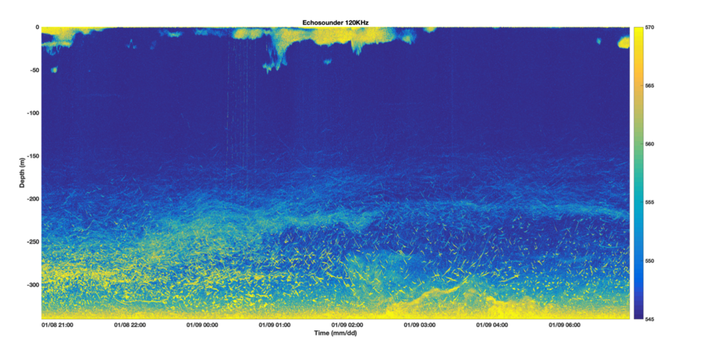 Echosounder data from offshore Palmer Station showing about 1 day of data